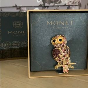 Monet Owl Gold Purple Stones Brooch Pin
